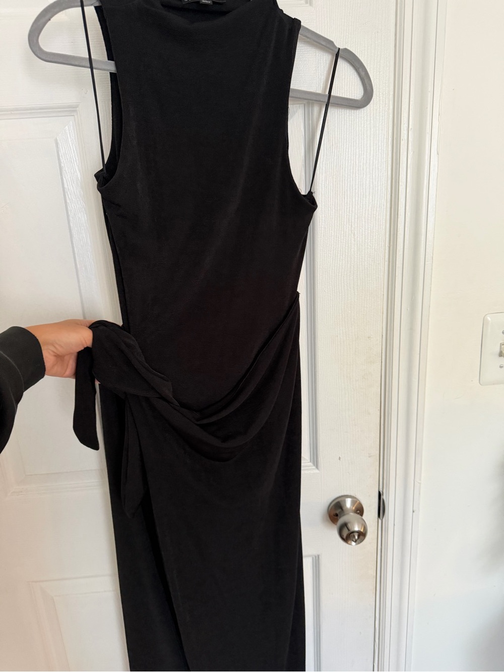 JLUXLABEL Black Asymmetric Draped High-Slit Midi Wrap Dress - Picture 3 of 6
